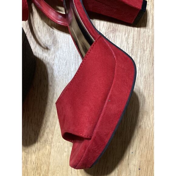 Womens High Block Heel Ankle Strap Open Toe Red Faux Suede Shoes Size 8.5 - Picture 10 of 14